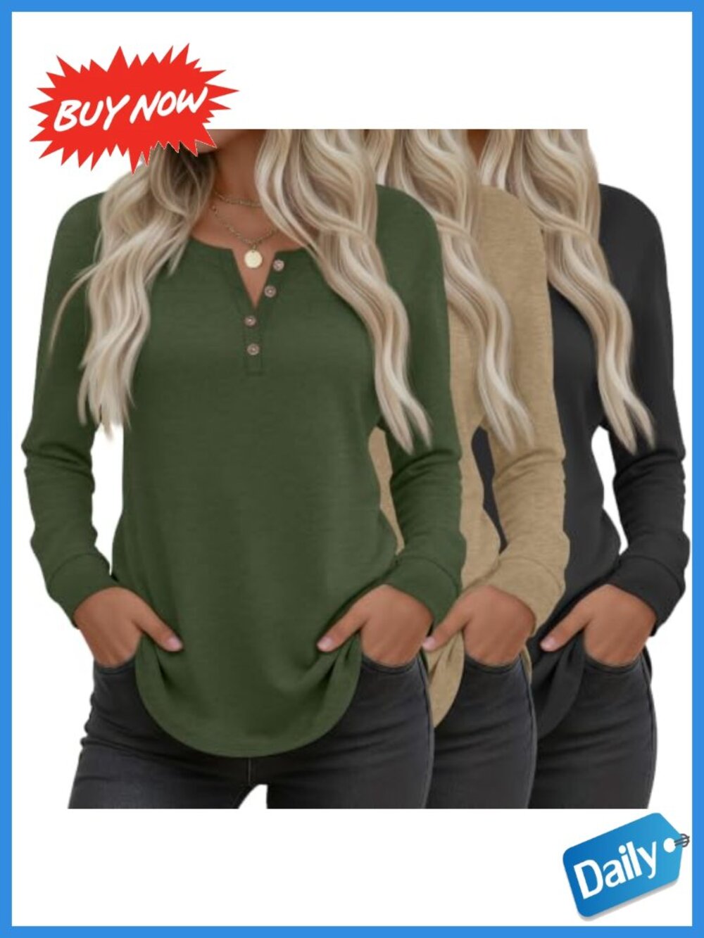 Women's Long Sleeve Henley Tunic Top 3 Pack Loose Fit Curved Hem Blouse